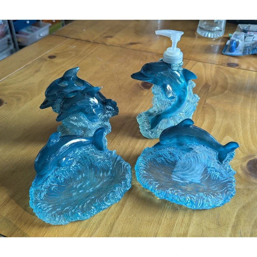 Allure 2000 Vintage Blue Dolphin Resin Bathroom Set 4 Piece Ocean Theme